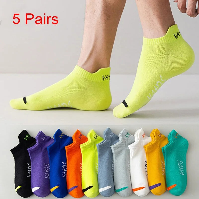 5 Pairs Bright Color Ankle No Show Socks Men Breathable Street Fashion Sport Deodorant Invisible Travel Running Socks - Fitness Snips