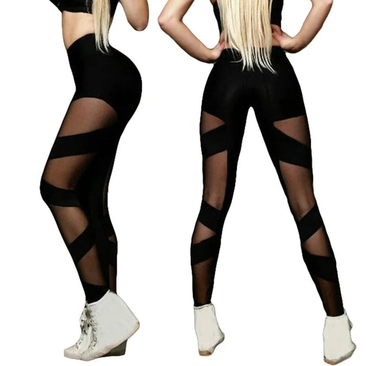 High Waist Women Leggings Mesh Stitching Cross Sports Pants Sexy See-Through Mesh Yoga Pants High Elastic dance Nightclub pants - Fitness Snips