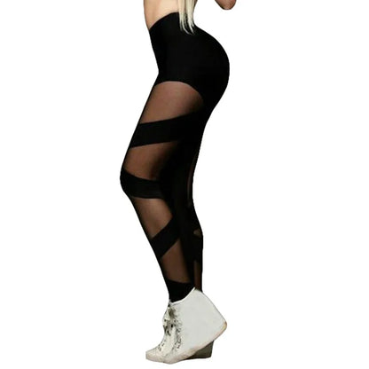 High Waist Women Leggings Mesh Stitching Cross Sports Pants Sexy See-Through Mesh Yoga Pants High Elastic dance Nightclub pants - Fitness Snips